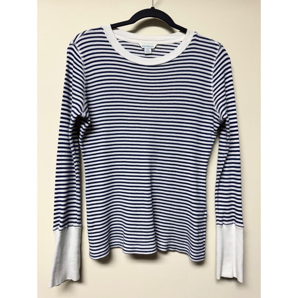 SUNDANCE Navy/White Stripe Thermal Crewneck Long Sleeve Contrast Cuffs, Sz M